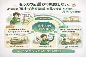 Googleマップを使って混雑状況・店内写真・電源やWi-Fi情報を事前確認し、集中できるカフェを5分で見極める「バーチャル下見術」を解説した図解。
