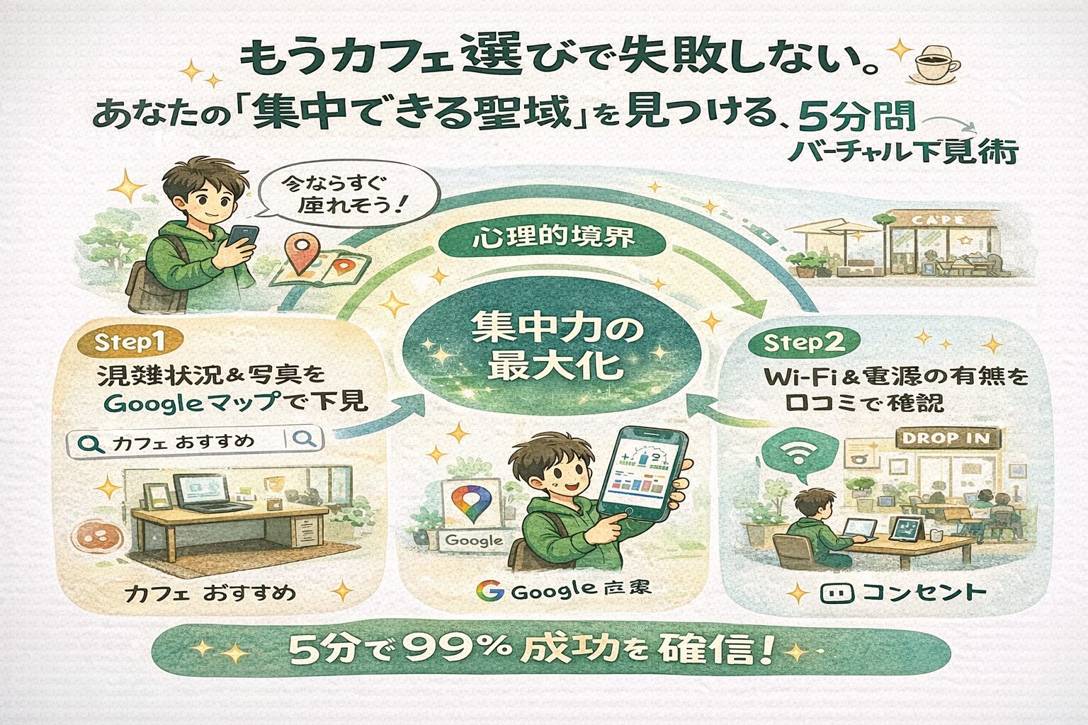 Googleマップを使って混雑状況・店内写真・電源やWi-Fi情報を事前確認し、集中できるカフェを5分で見極める「バーチャル下見術」を解説した図解。