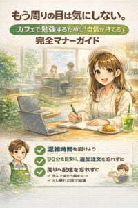 カフェで勉強する際のマナーを元カフェ店長が解説する図解。迷惑にならない時間帯、追加注文の考え方、歓迎される客と迷われやすい行動の違いを分かりやすく紹介している。