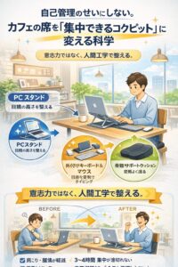 カフェの席でノートPC作業をする人が、PCスタンドと外付けキーボード、骨盤サポートクッションを使って姿勢を整え、肩や腰の負担を減らして集中している様子