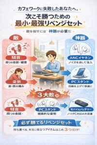 カフェで作業する際に集中を妨げる騒音・姿勢・電源の問題と、それぞれの対策となるイヤホン、PCスタンド、モバイルバッテリーを示した図解