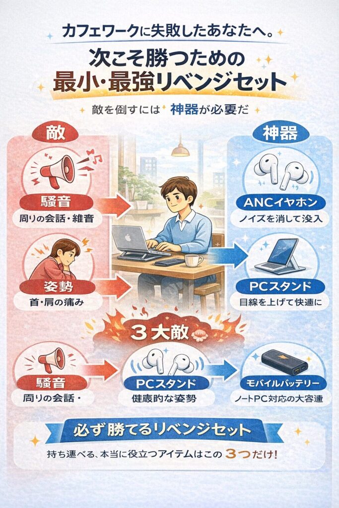 カフェで作業する際に集中を妨げる騒音・姿勢・電源の問題と、それぞれの対策となるイヤホン、PCスタンド、モバイルバッテリーを示した図解