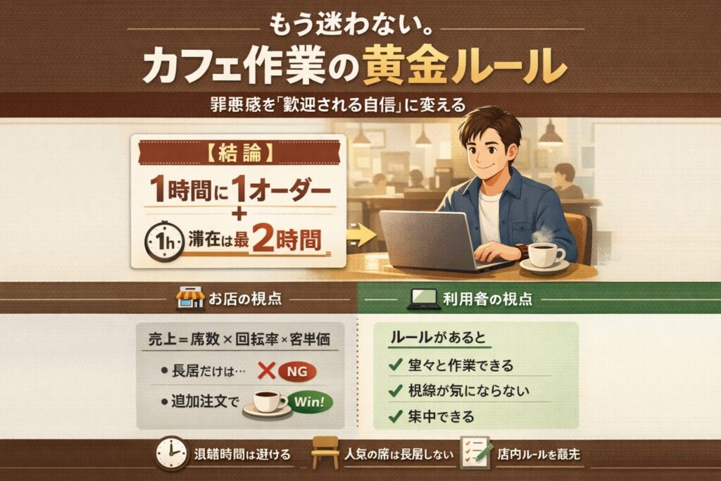 カフェ作業の罪悪感を減らすための「1時間1オーダー・最大2時間」の目安と、混雑時の判断や歓迎される行動手順をまとめた図解