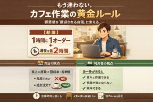 カフェ作業の罪悪感を減らすための「1時間1オーダー・最大2時間」の目安と、混雑時の判断や歓迎される行動手順をまとめた図解