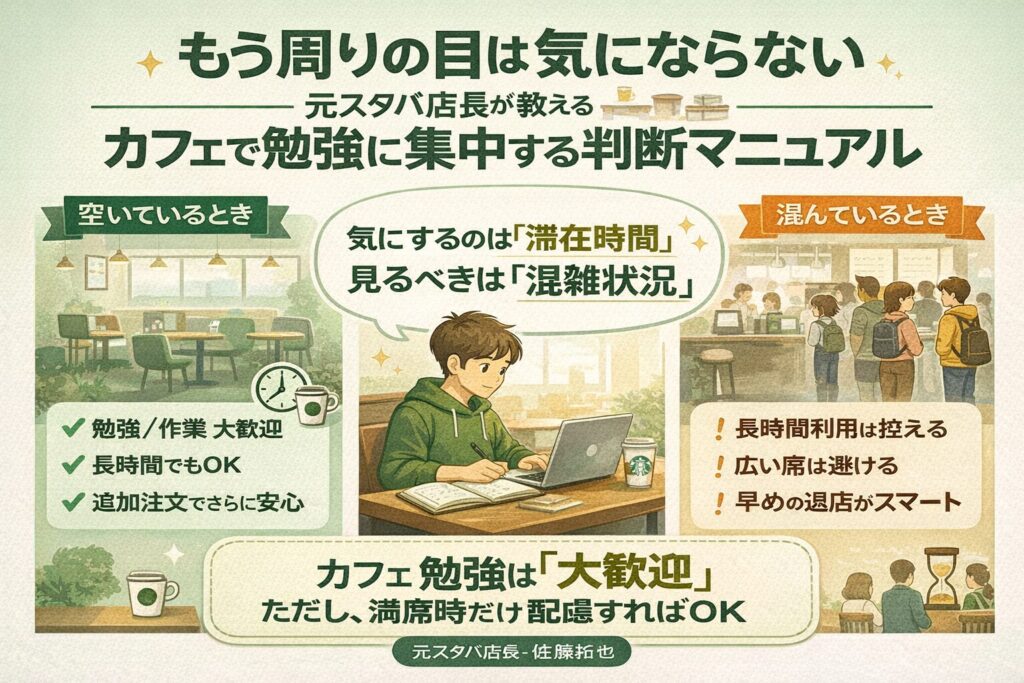 カフェで勉強する人がノートとコーヒーを前に集中している様子。混雑状況に配慮しながら安心して作業するイメージ