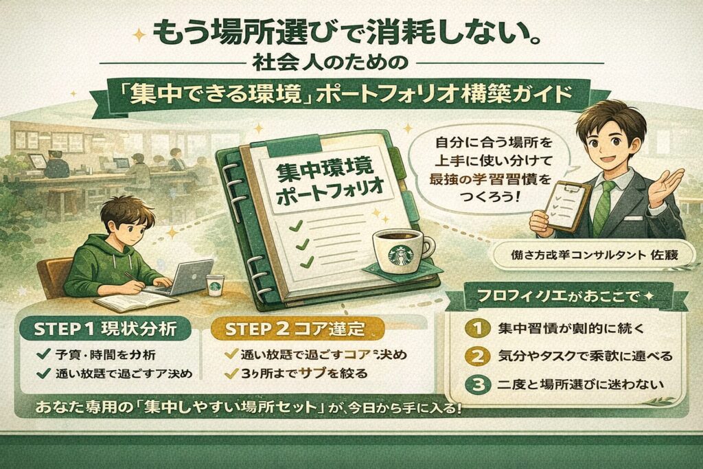 社会人が自宅・カフェ・コワーキングスペースなど複数の勉強場所を使い分け、集中できる環境を構築しているイメージ