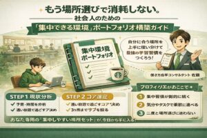社会人が自宅・カフェ・コワーキングスペースなど複数の勉強場所を使い分け、集中できる環境を構築しているイメージ