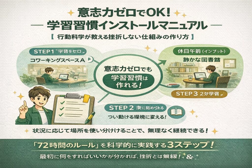 2ミニッツ・ルールと72時間チェックリストで学習習慣を仕組み化し、転んだ日の復帰プロトコルまで示したインストール手順の図解