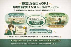 2ミニッツ・ルールと72時間チェックリストで学習習慣を仕組み化し、転んだ日の復帰プロトコルまで示したインストール手順の図解