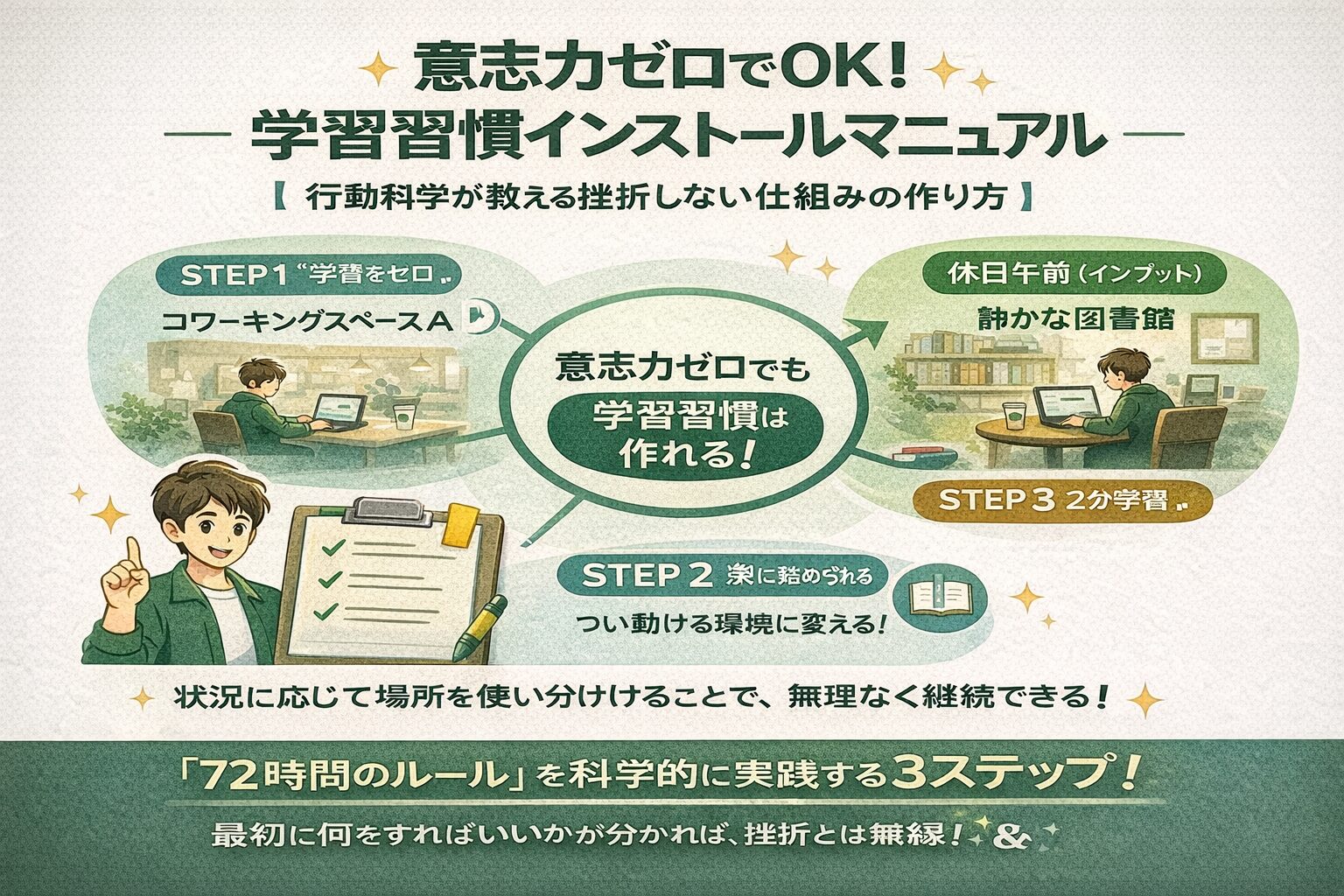 2ミニッツ・ルールと72時間チェックリストで学習習慣を仕組み化し、転んだ日の復帰プロトコルまで示したインストール手順の図解