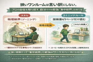 ワンルームの部屋にデスク・ラグ・壁面収納を配置し、仕事と生活の境界を作る「集中結界」の3ステップ（ゾーニング／ON-OFF儀式／垂直収納）を図解したインフォグラフィック。